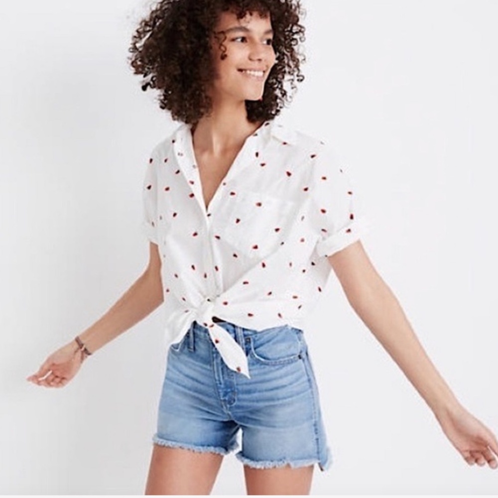MADEWELL Strawberry Embroidered Tie Front Top - Picture 1 of 4